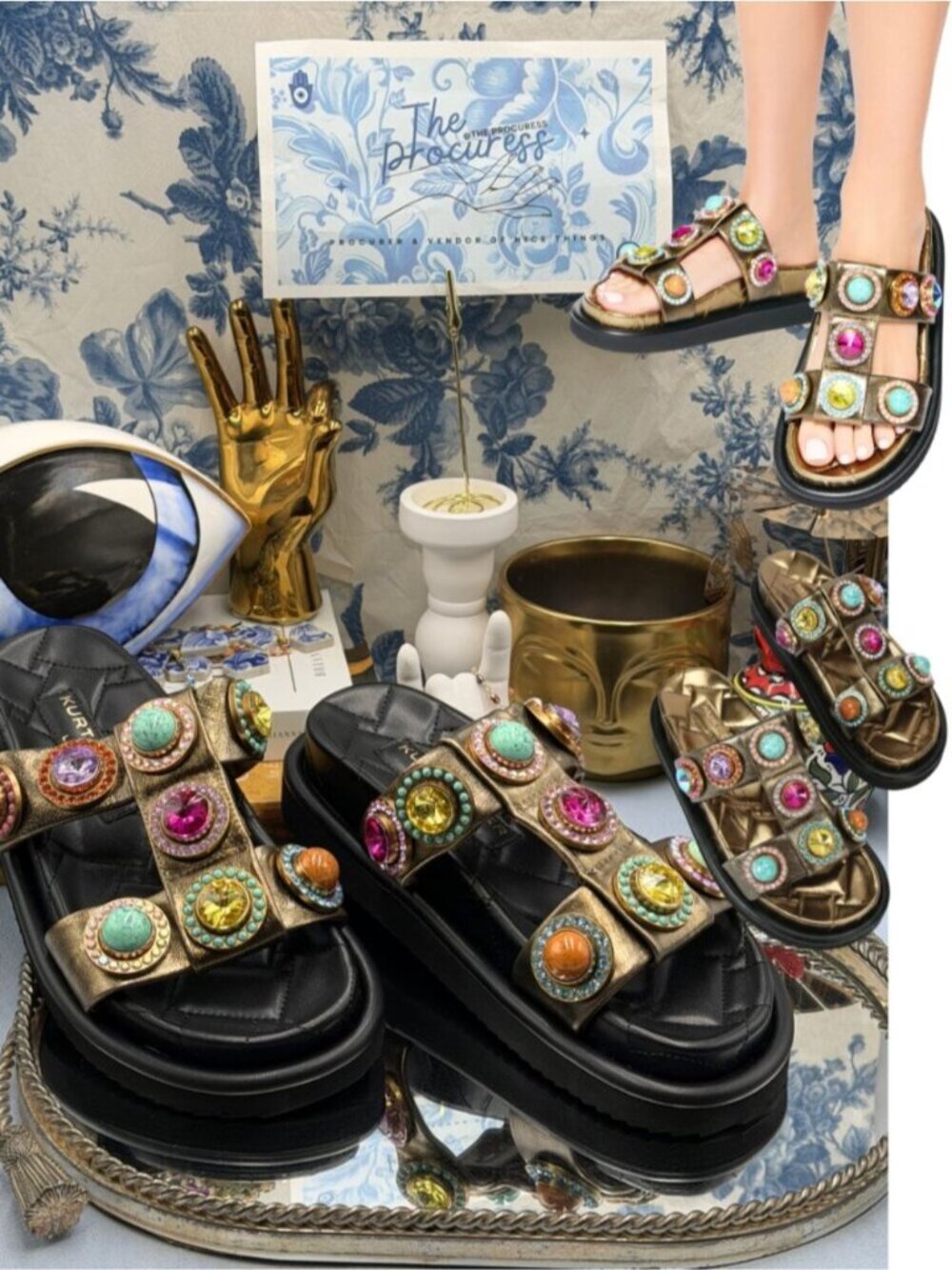 🆕 KURT GEIGER LONDON 🧿 NWOB Orson Bronze & Crystal Studded Sandal Sz 37 US 7